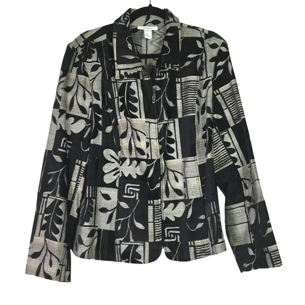 Dressbarn Tapestry Floral Geometric Zip Front Jacket XL Black Silver